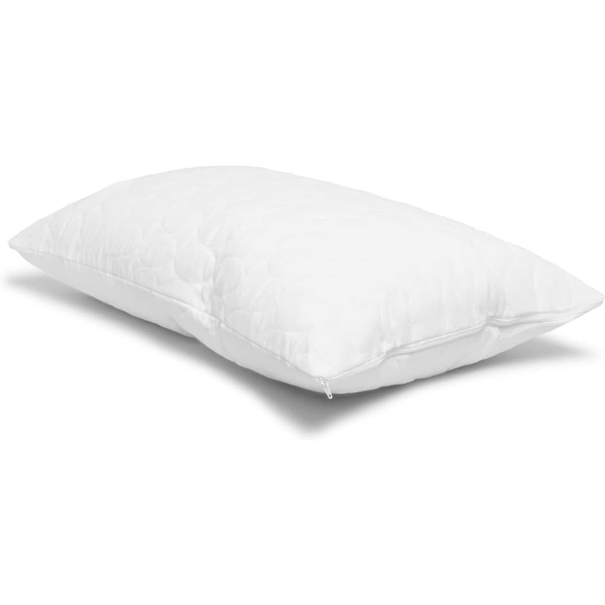 A white, zipped pillow protector with a waterproof feature displayed on a plain background.