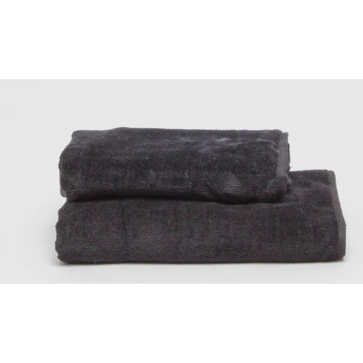 A black sports towel set stacked on a white background, featuring a soft texture. The towels have a branding logo.