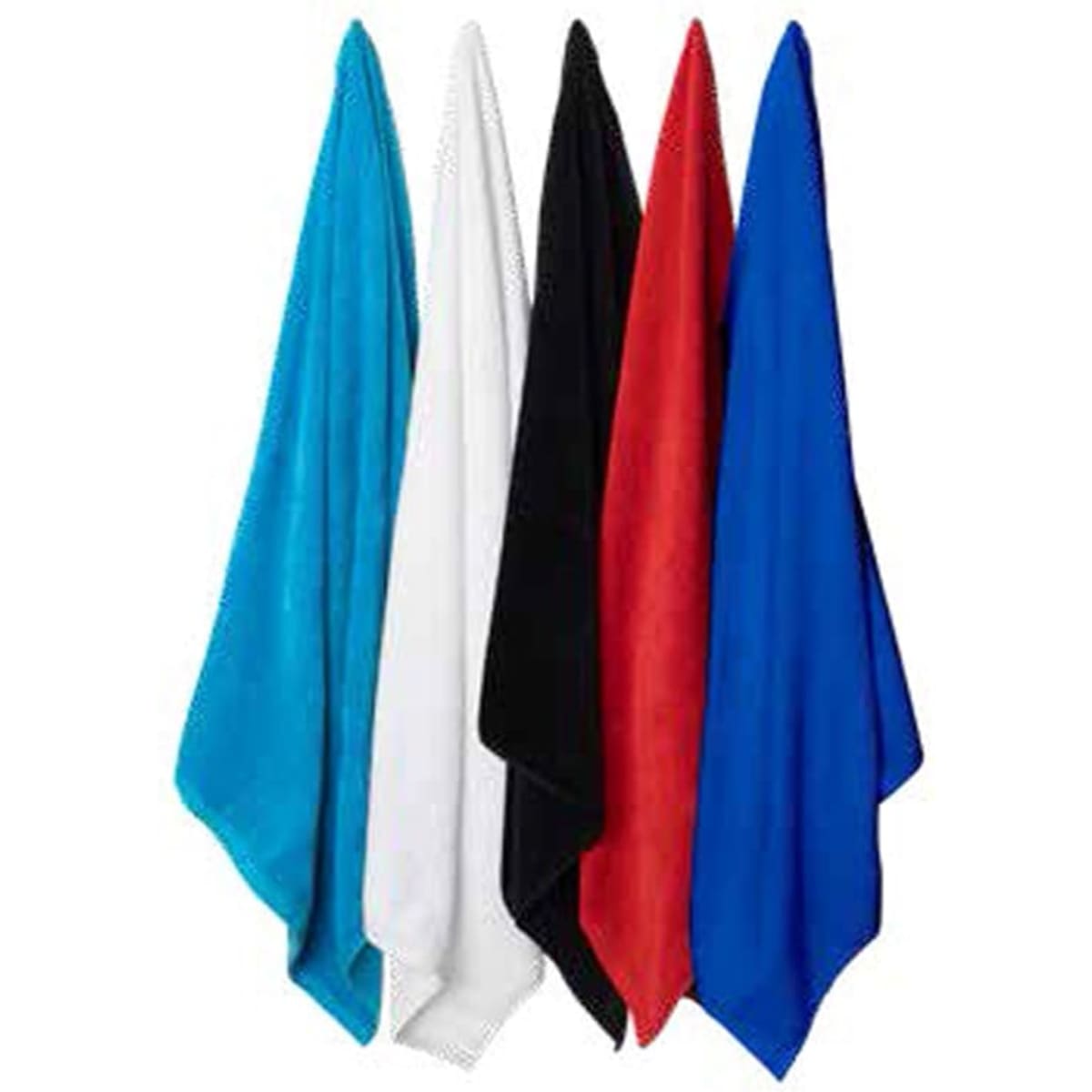 A collection of four towels in turquoise, white, black, red, and blue, hanging side by side. Each towel has a logo.