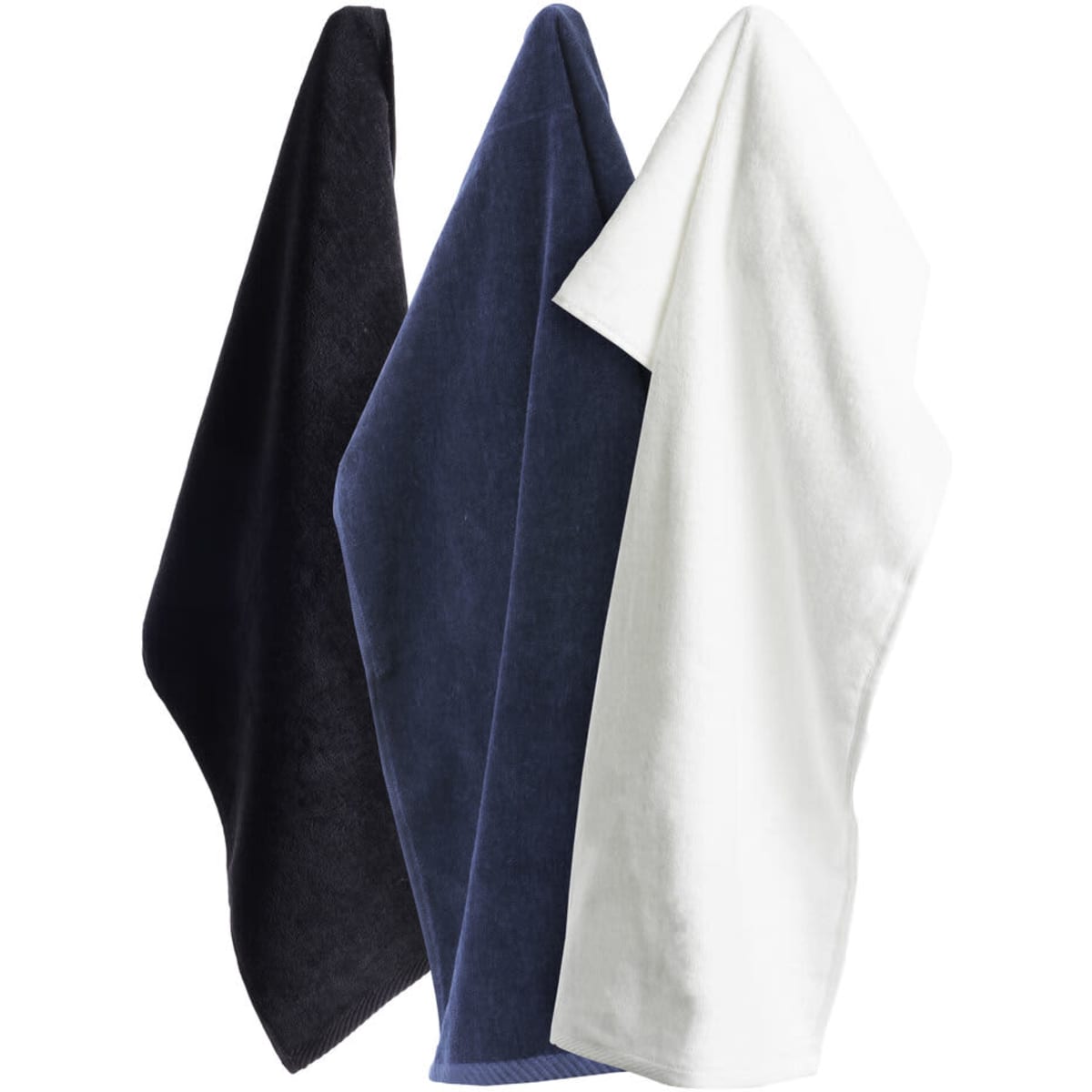 Three Signature Sports Towels in black, navy blue, and white, each draped and featuring a logo.