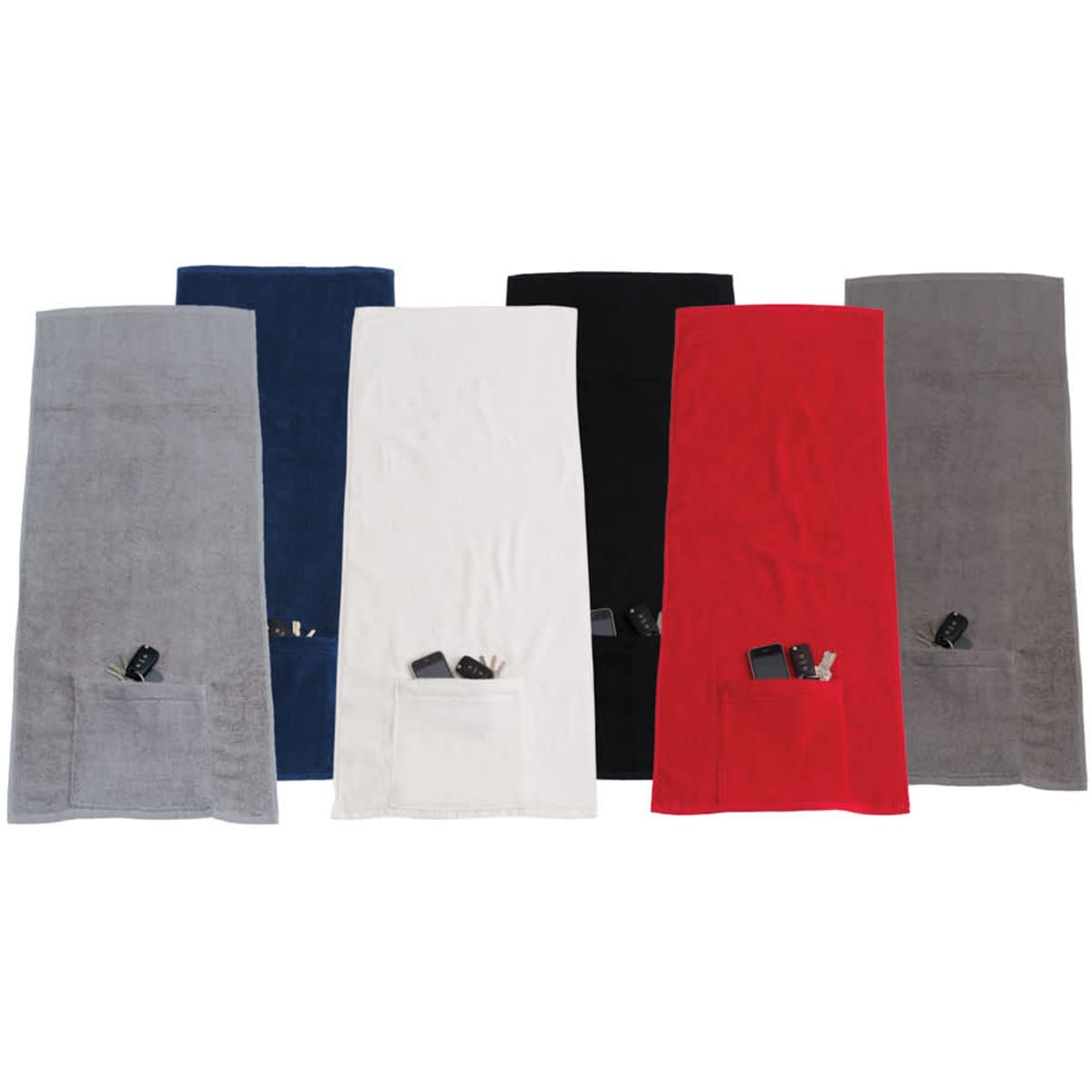 A series of sports towels in grey, navy, black, white, and red, each featuring a pocket and zip.