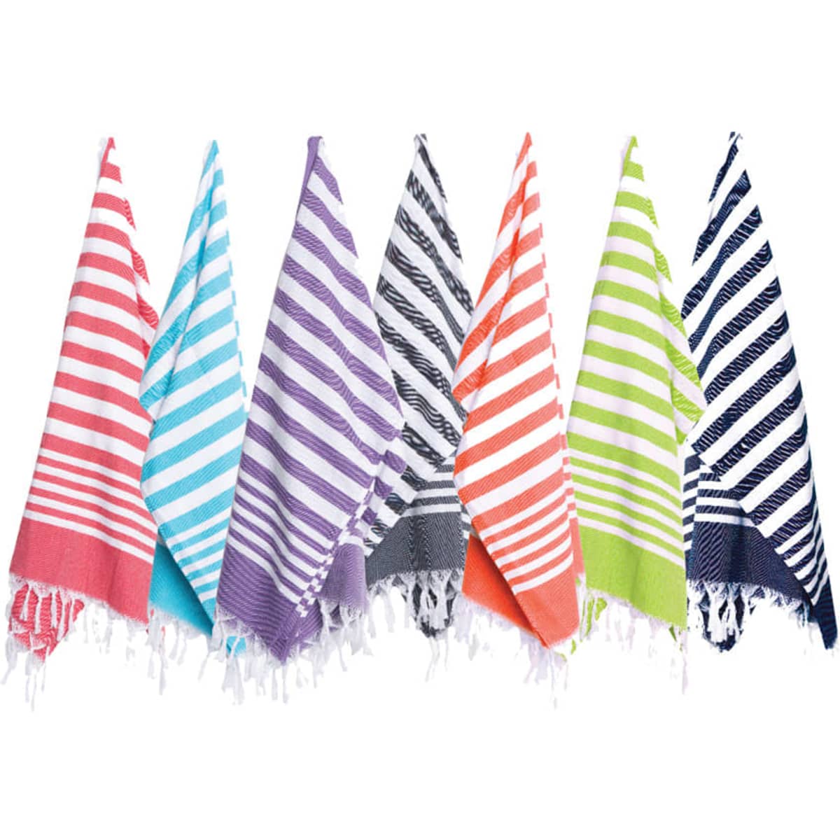A collection of Turkish wraps in various colours, including pink, blue, purple, green, and navy, with striped patterns.
