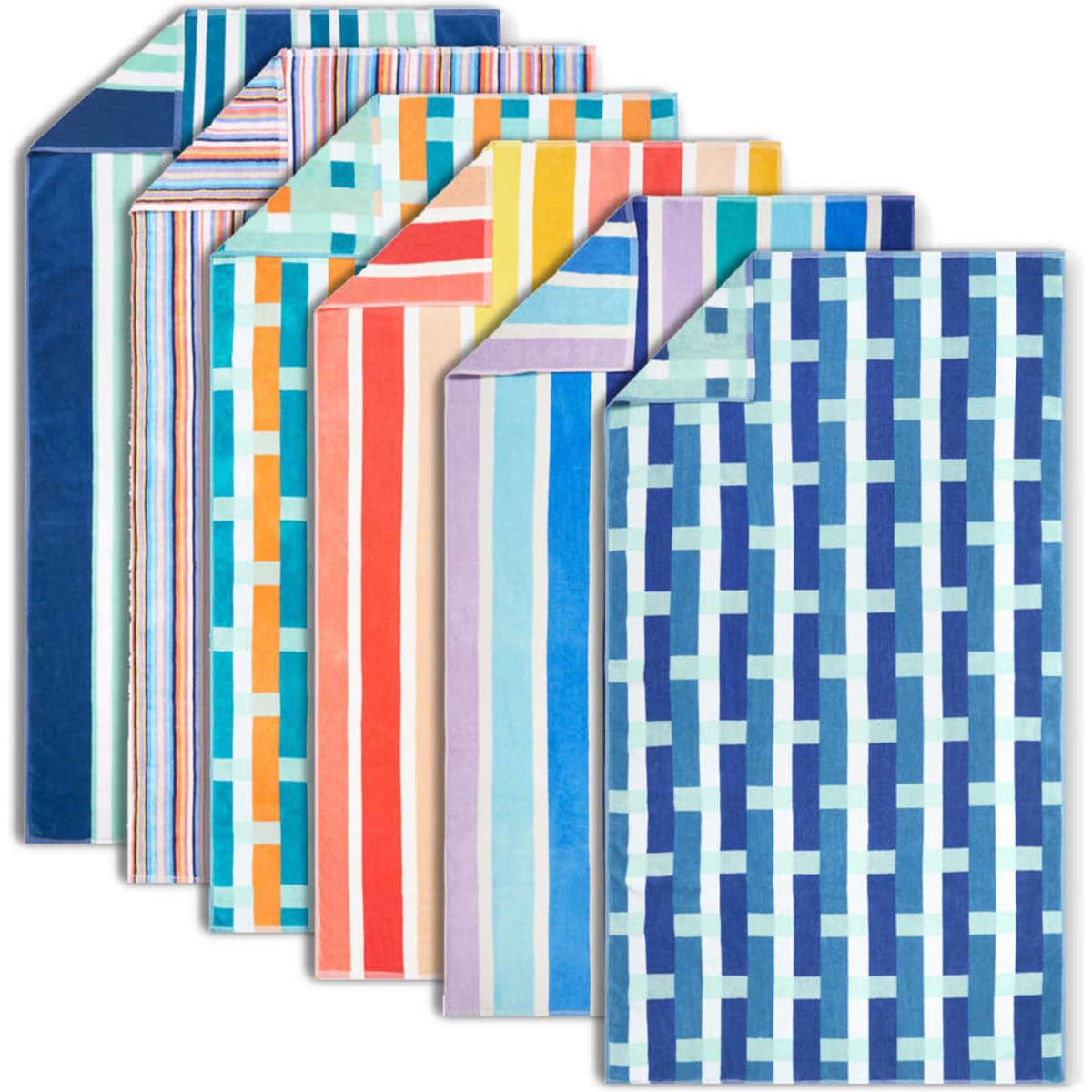 A collection of velour beach towels in various patterns and colours, including stripes and checks. Each towel has a distinct design.