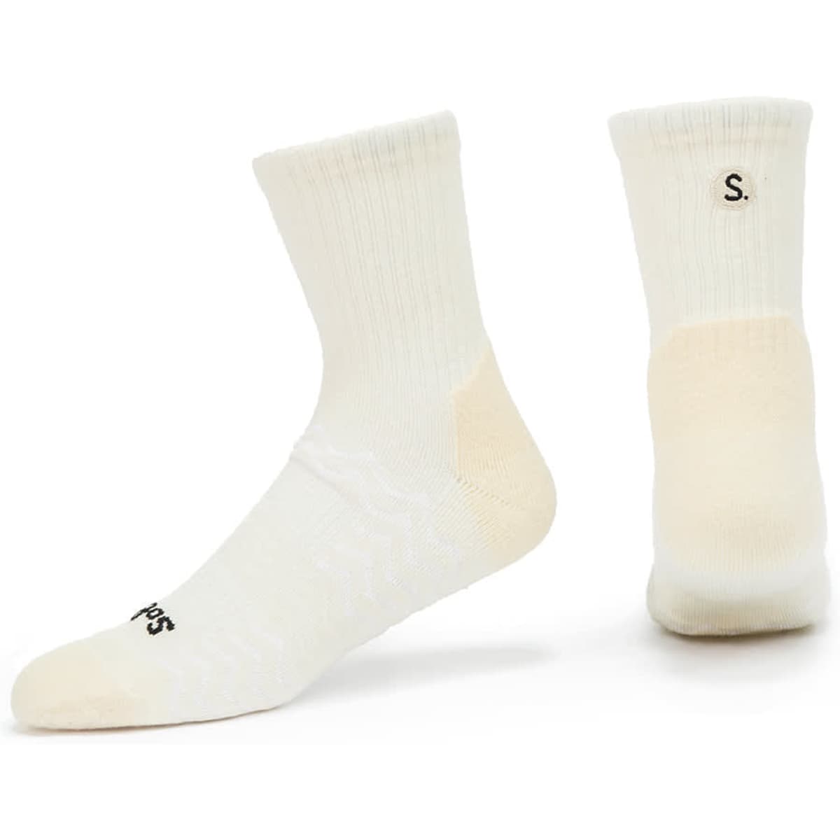 Custom branded golf socks in cream, featuring a ribbed texture and a logo on the side.