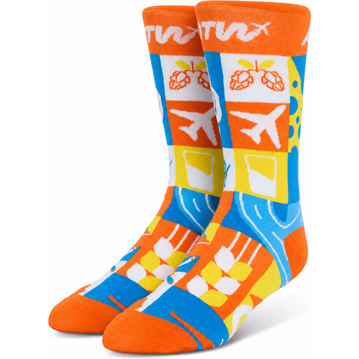 Brightly coloured custom bamboo socks in orange, blue, and yellow featuring various playful patterns and designs.