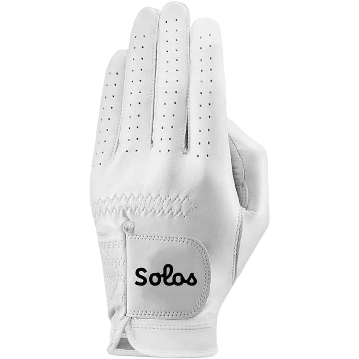 A white golf glove with perforations and a logo on the strap.