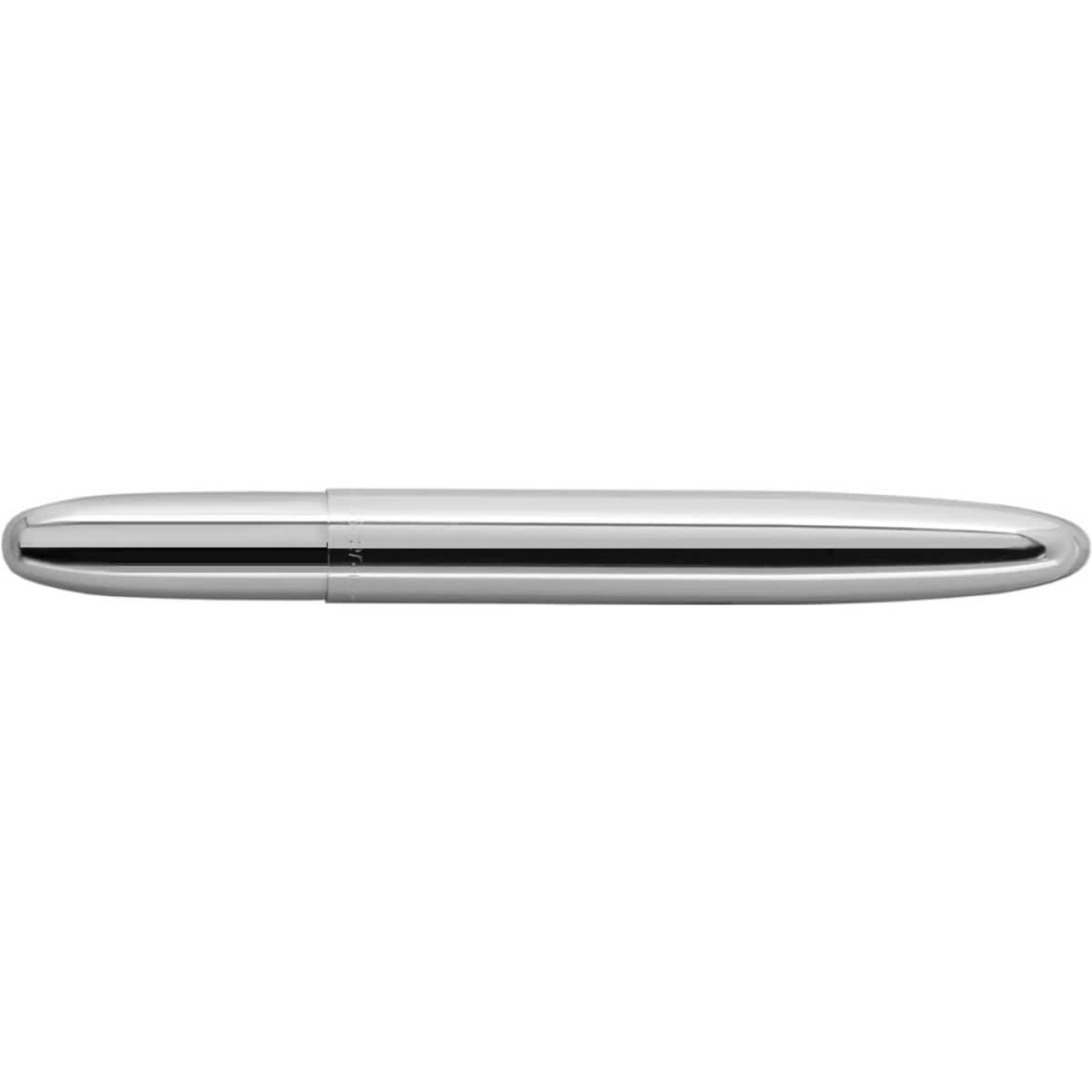 A sleek silver pen with a streamlined design, featuring a branding logo.