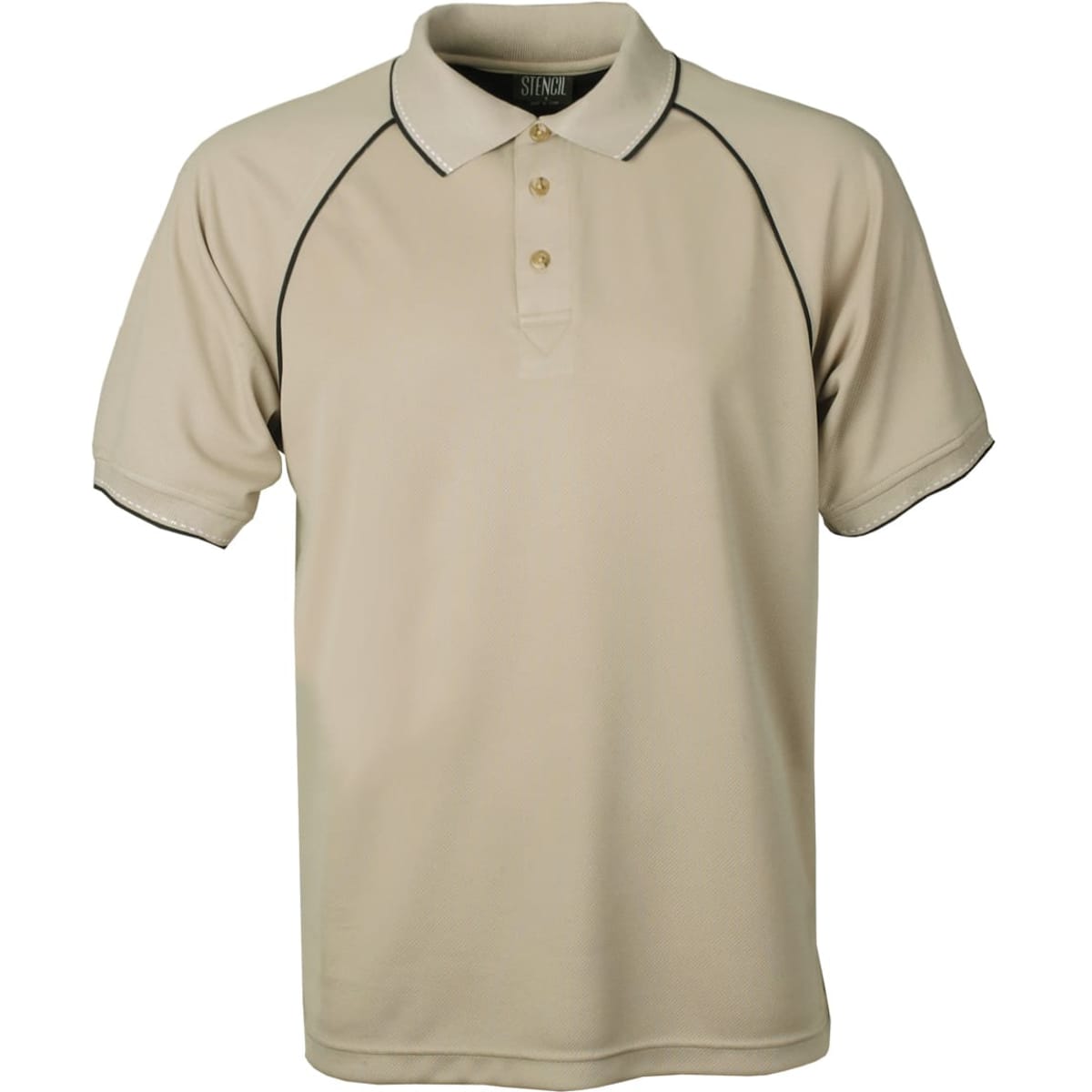 A beige polo shirt featuring a collar, three buttons, and black piping details along the sleeves and collar.