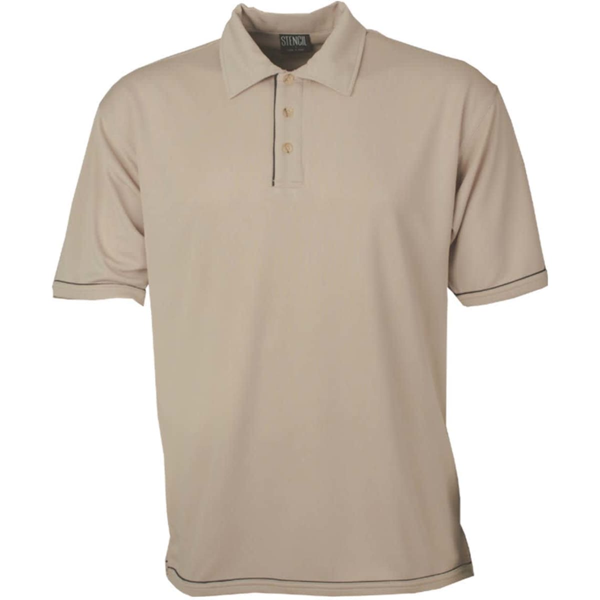 A beige men's polo shirt with a collar, button placket, and contrasting trim. It features a logo.