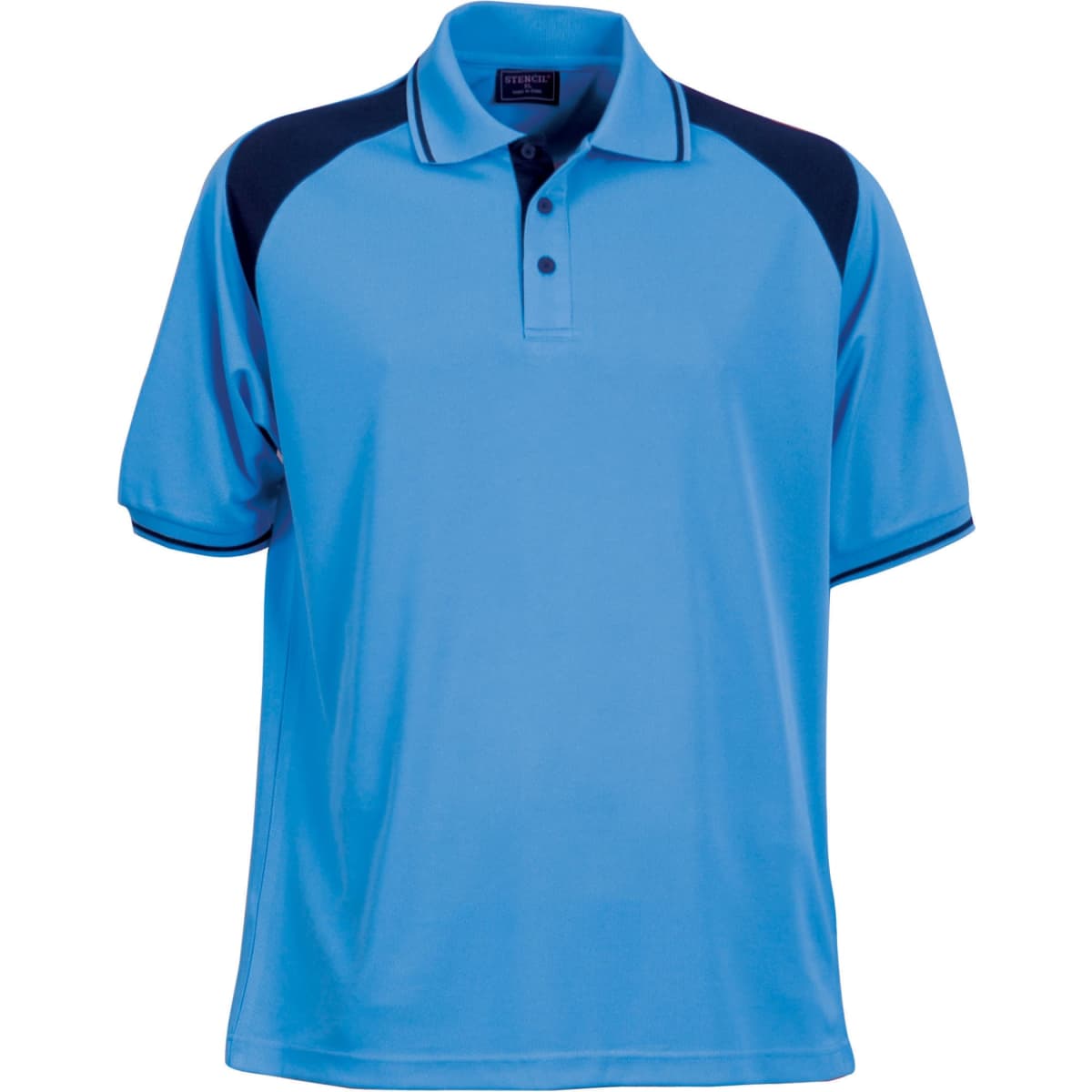 A blue men's polo shirt with navy accents and a collar, featuring a logo on the chest.