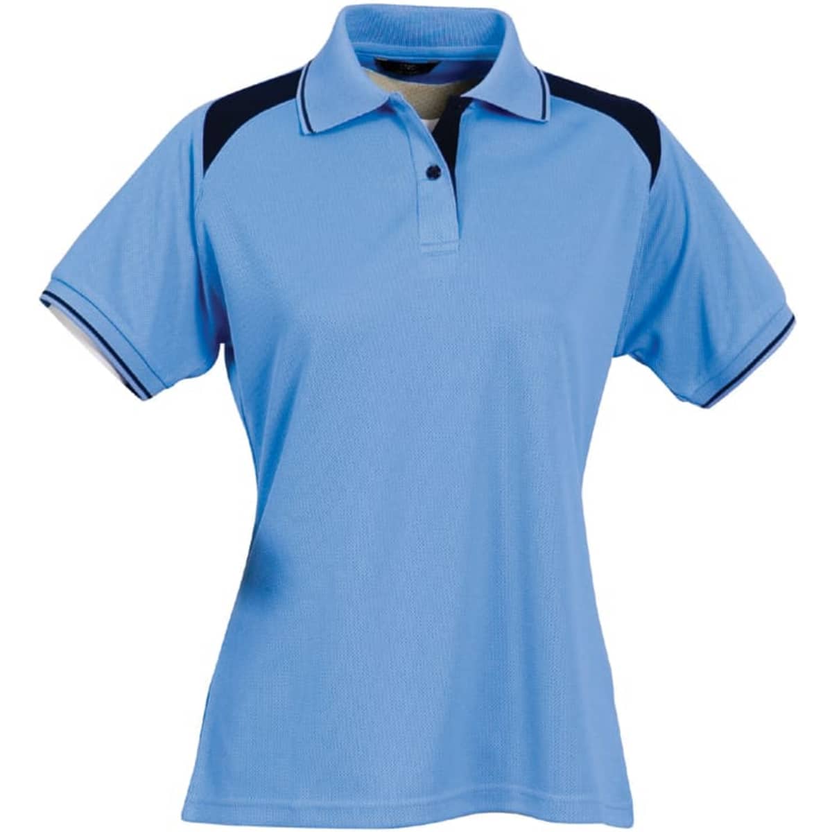 A light blue polo shirt with navy accents and a collar, featuring a logo on the chest.