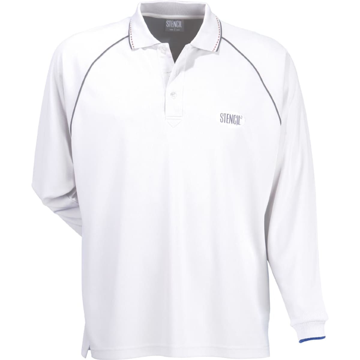 A white long-sleeve polo shirt with a branded logo and contrasting stitching details.