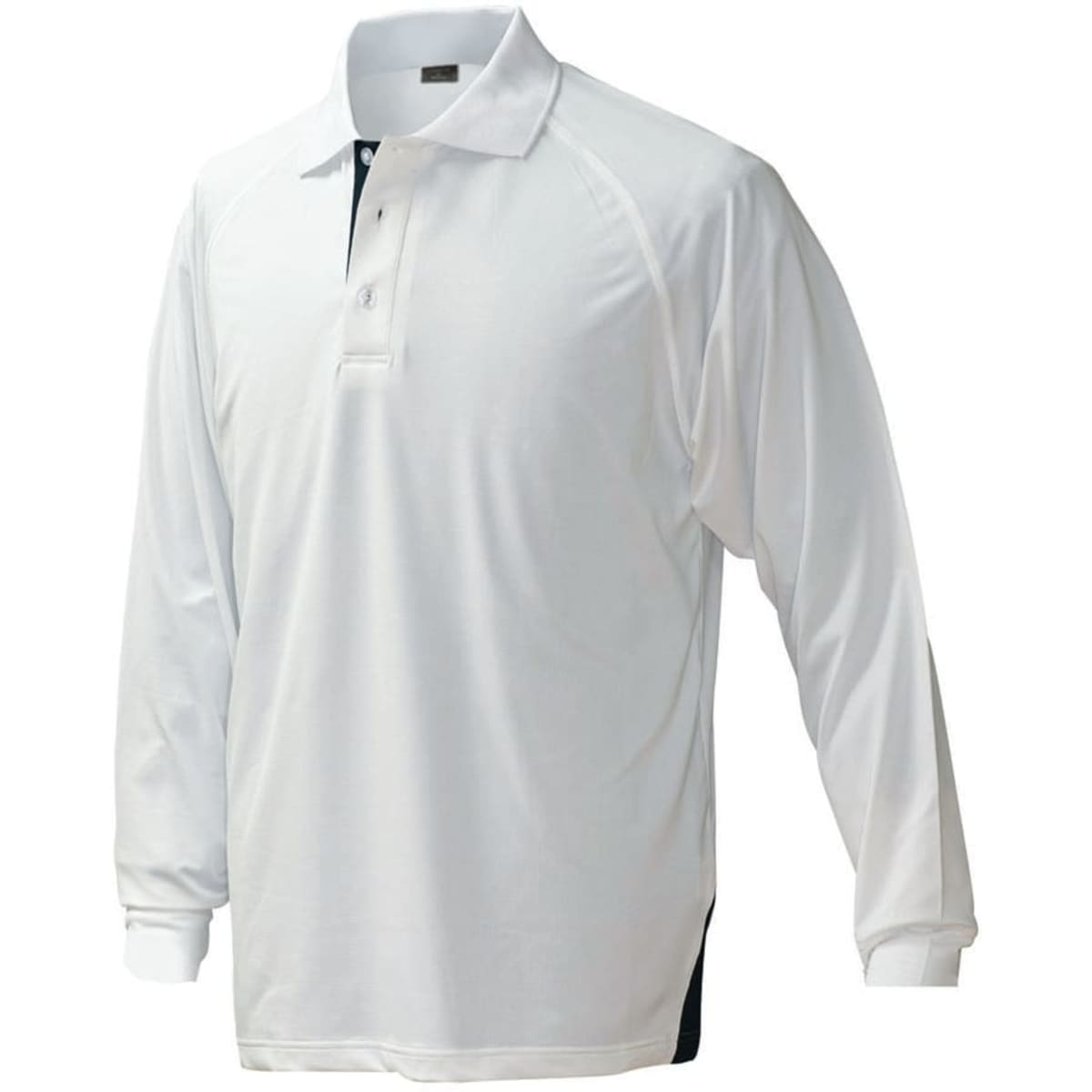 A long-sleeve white polo shirt with a collar and a logo on the chest. Features a sleek, sporty design.