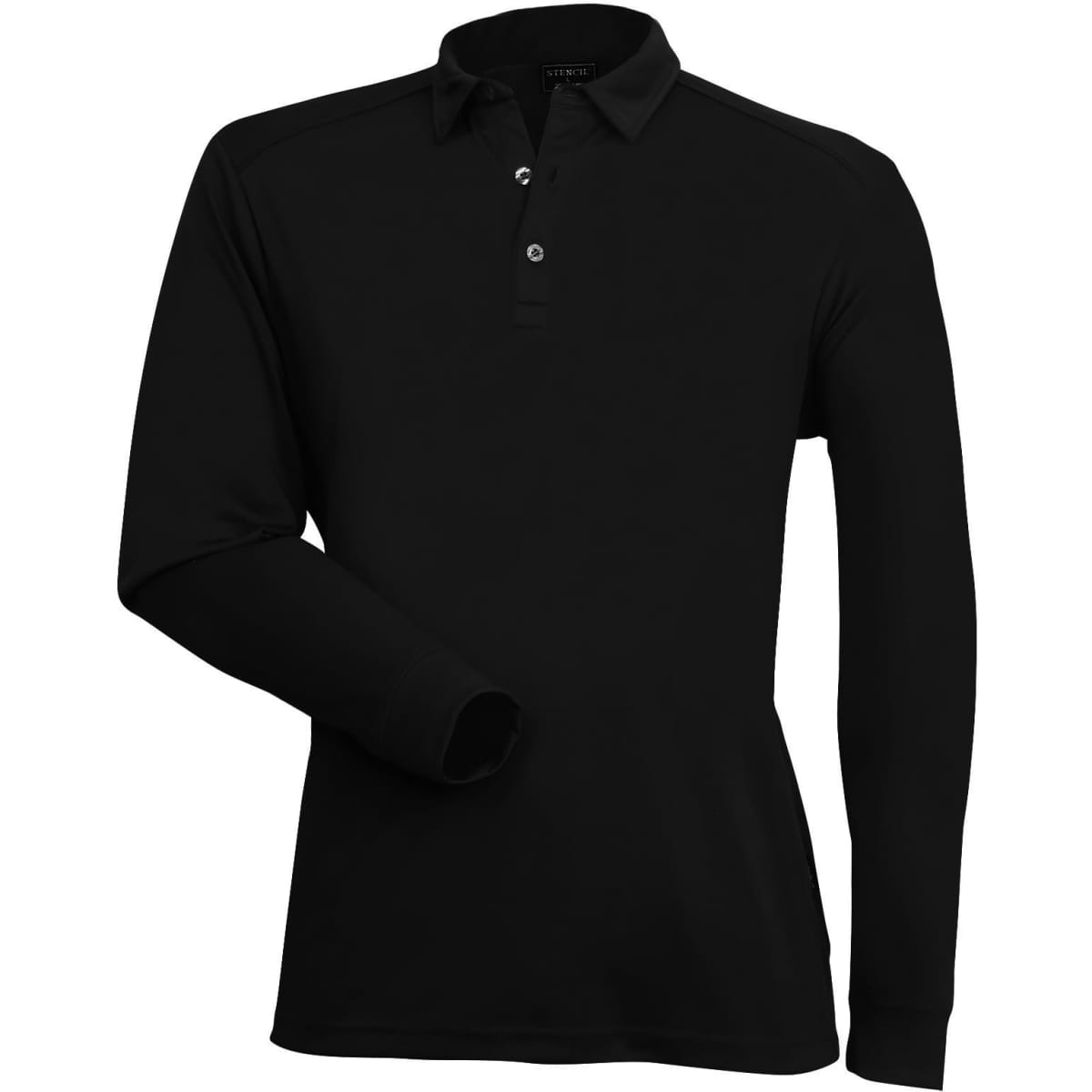 A black long-sleeve polo shirt with a collar, featuring a three-button placket and a logo.