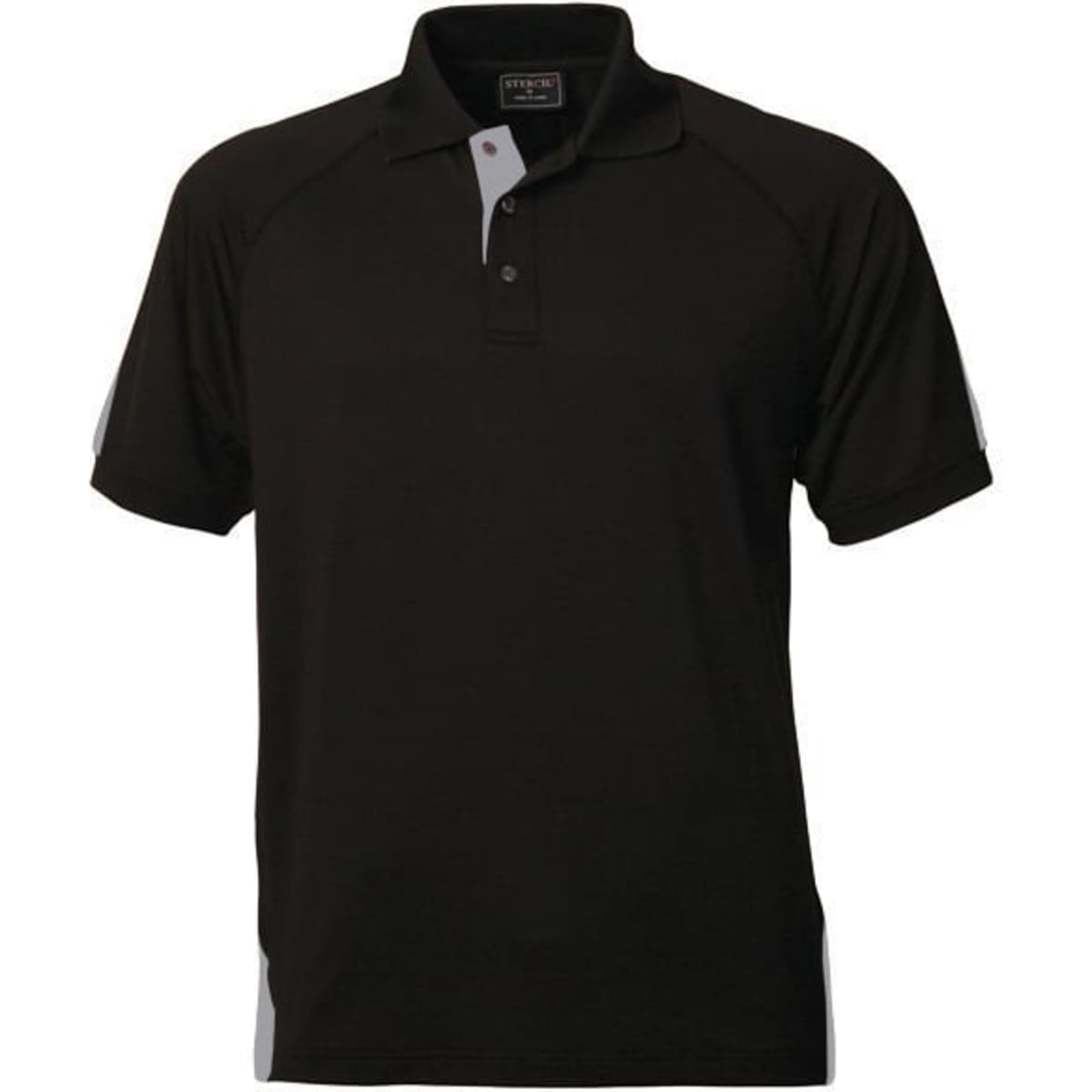 A men's polo shirt in black with grey accents and a logo on the chest. Features a classic collar and short sleeves.