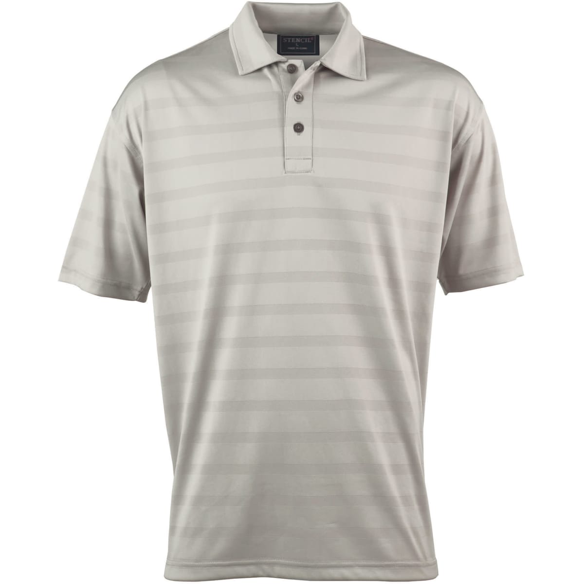 A light grey polo shirt with a subtle striped pattern and a three-button placket. It features a logo on the chest.