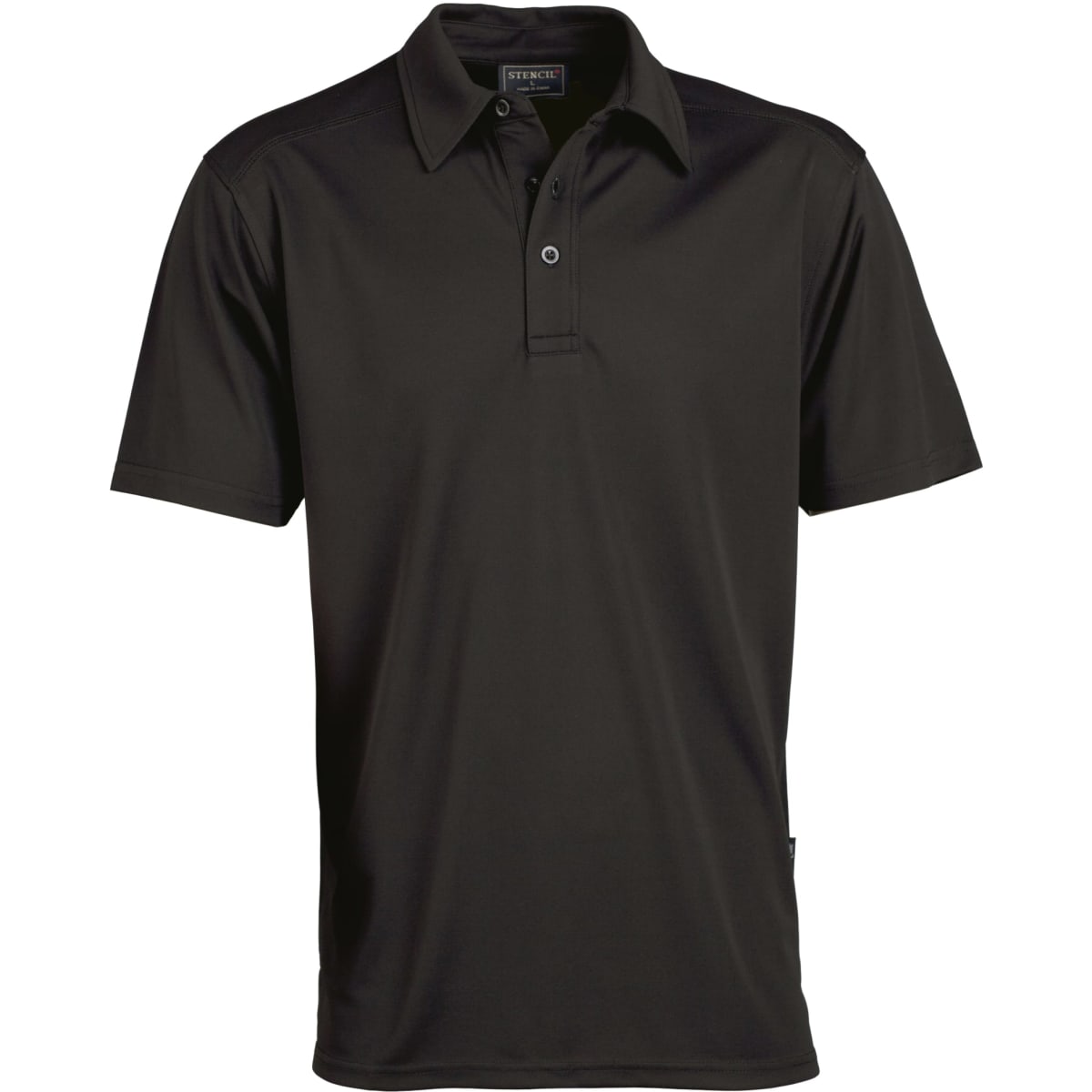 A black polo shirt with a collar and three-button placket, featuring a small logo on the chest.
