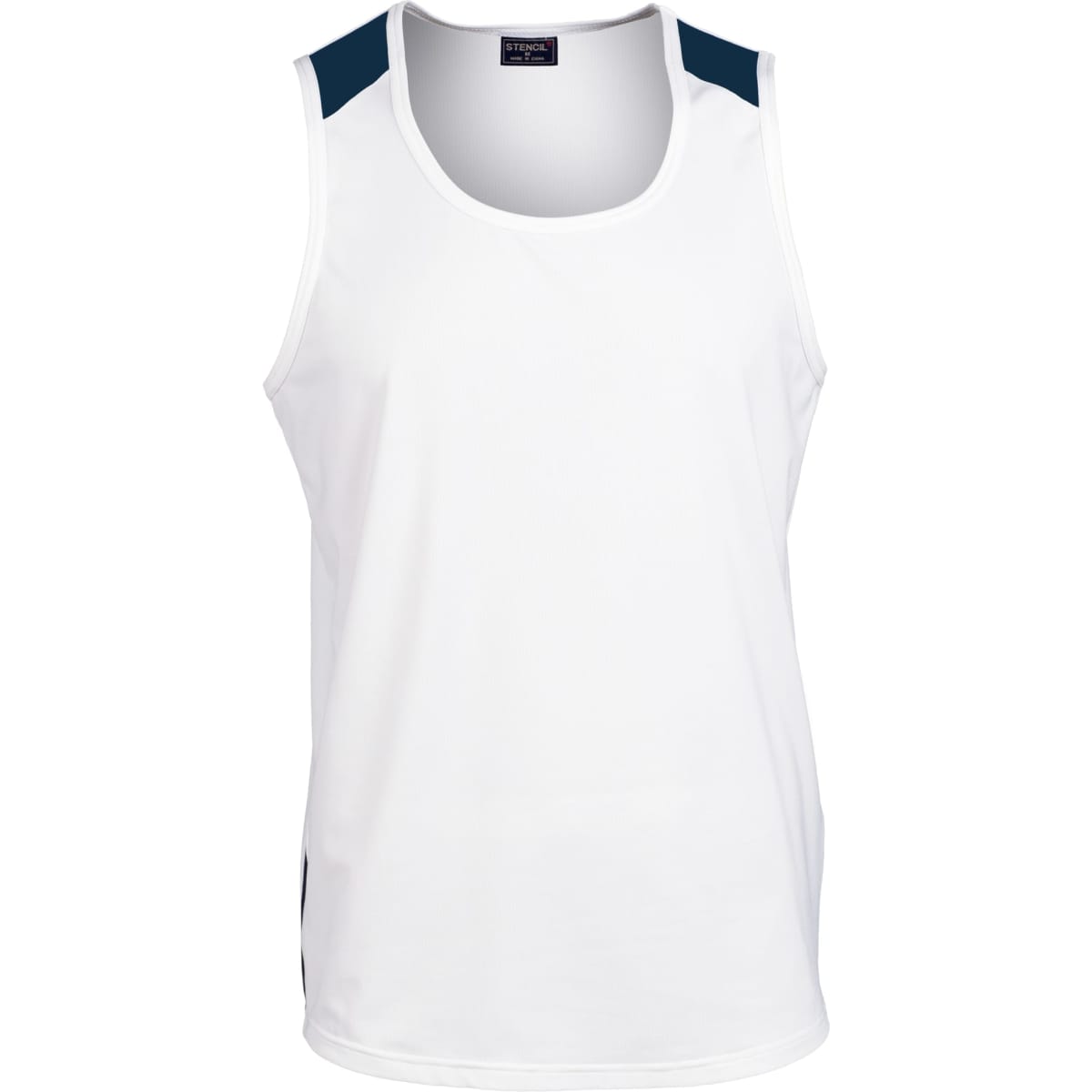 A white men's singlet with navy blue accents on the shoulders, featuring a logo.