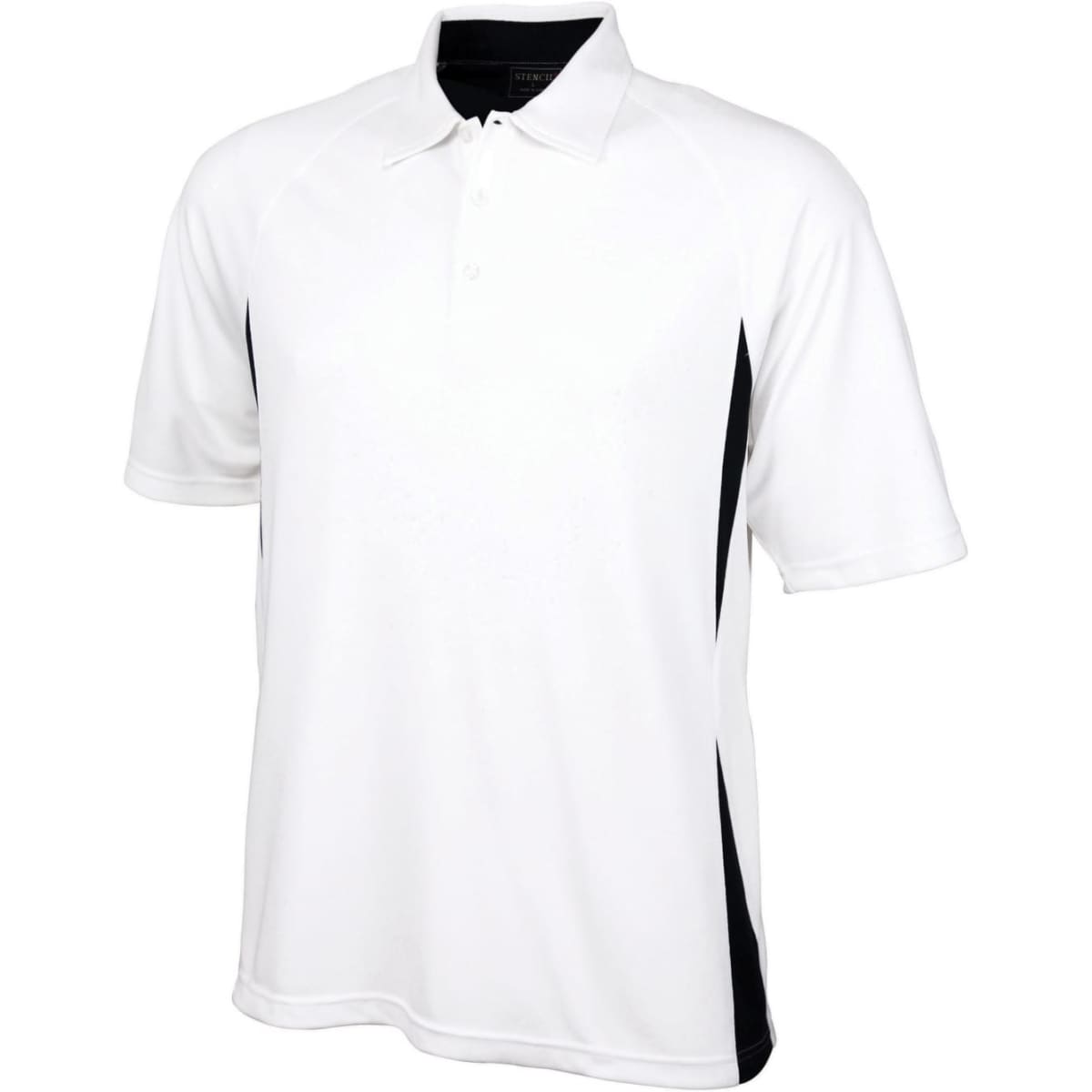 A men's polo shirt in white with black side panels, featuring a collar and short sleeves, with a logo present.