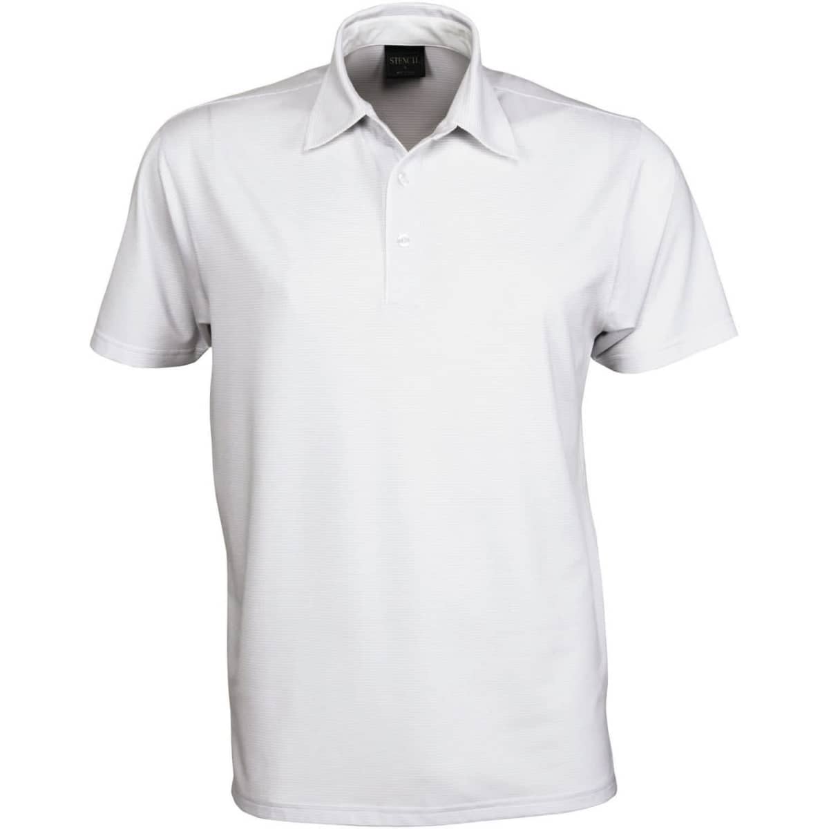A short-sleeved, white polo shirt featuring a classic collar and a logo on the chest.