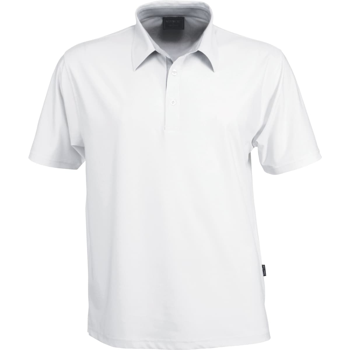 A white polo shirt featuring a classic collar and a brand label on the side.