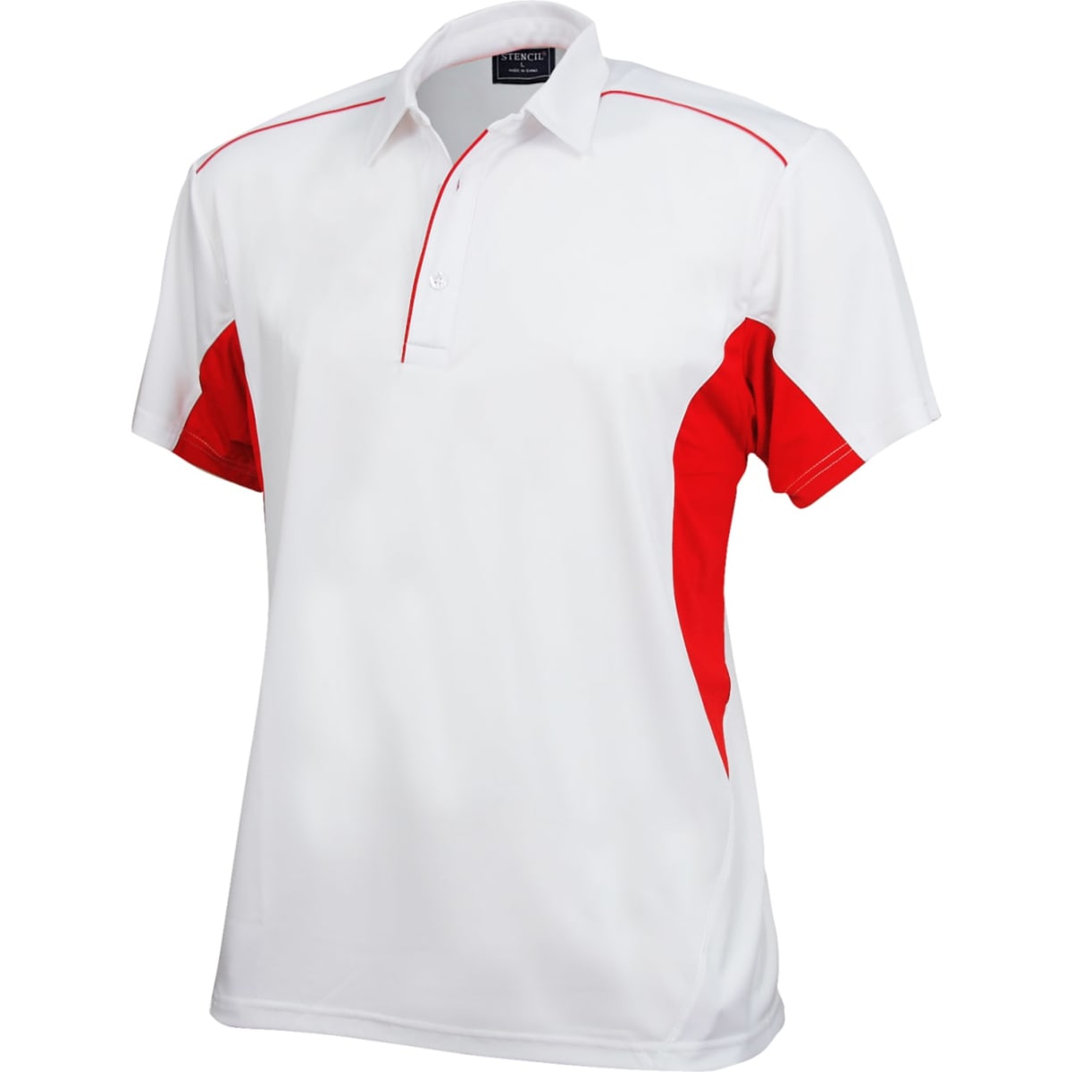 A white and red men's polo shirt featuring a collar and short sleeves. It has a logo on the chest.