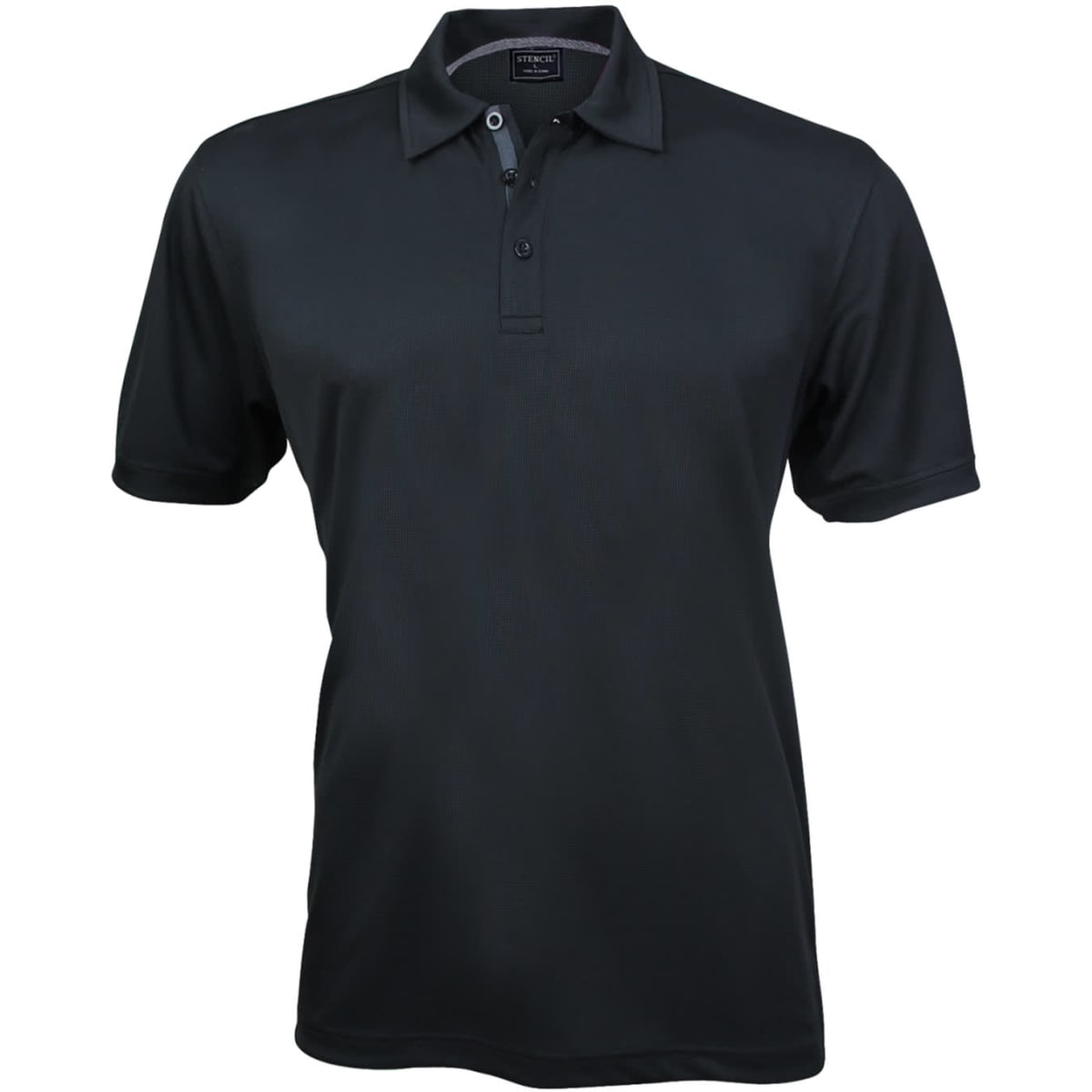 A black polo shirt with a collar and button placket. It features short sleeves and a logo.