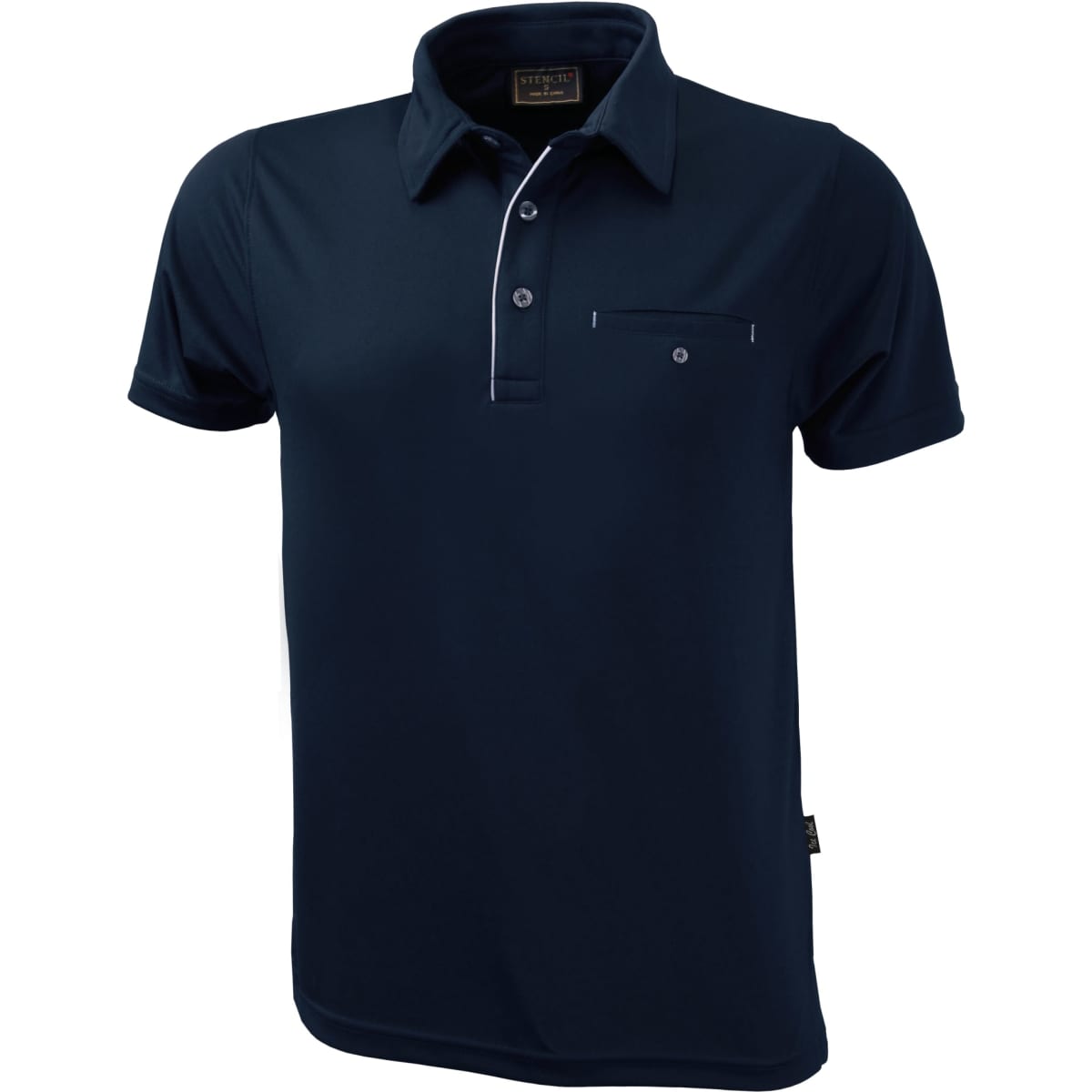 A navy blue polo shirt with a collar, short sleeves, and a small pocket, featuring branding on the label.