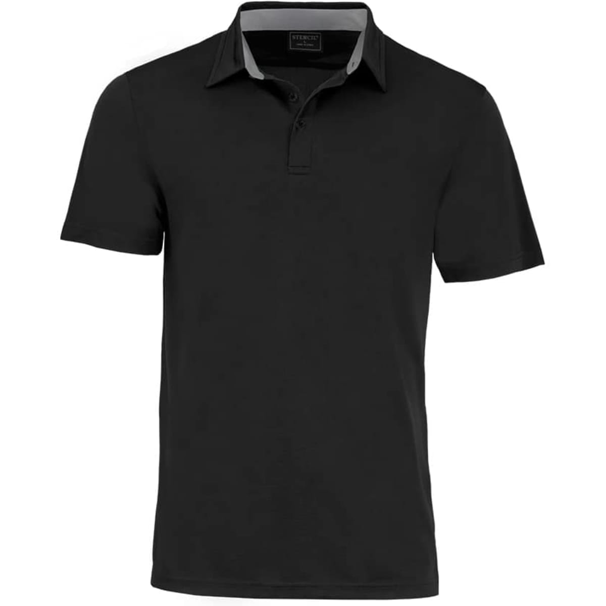 A black polo shirt with a contrasting collar and a logo on the chest. Short-sleeved design.