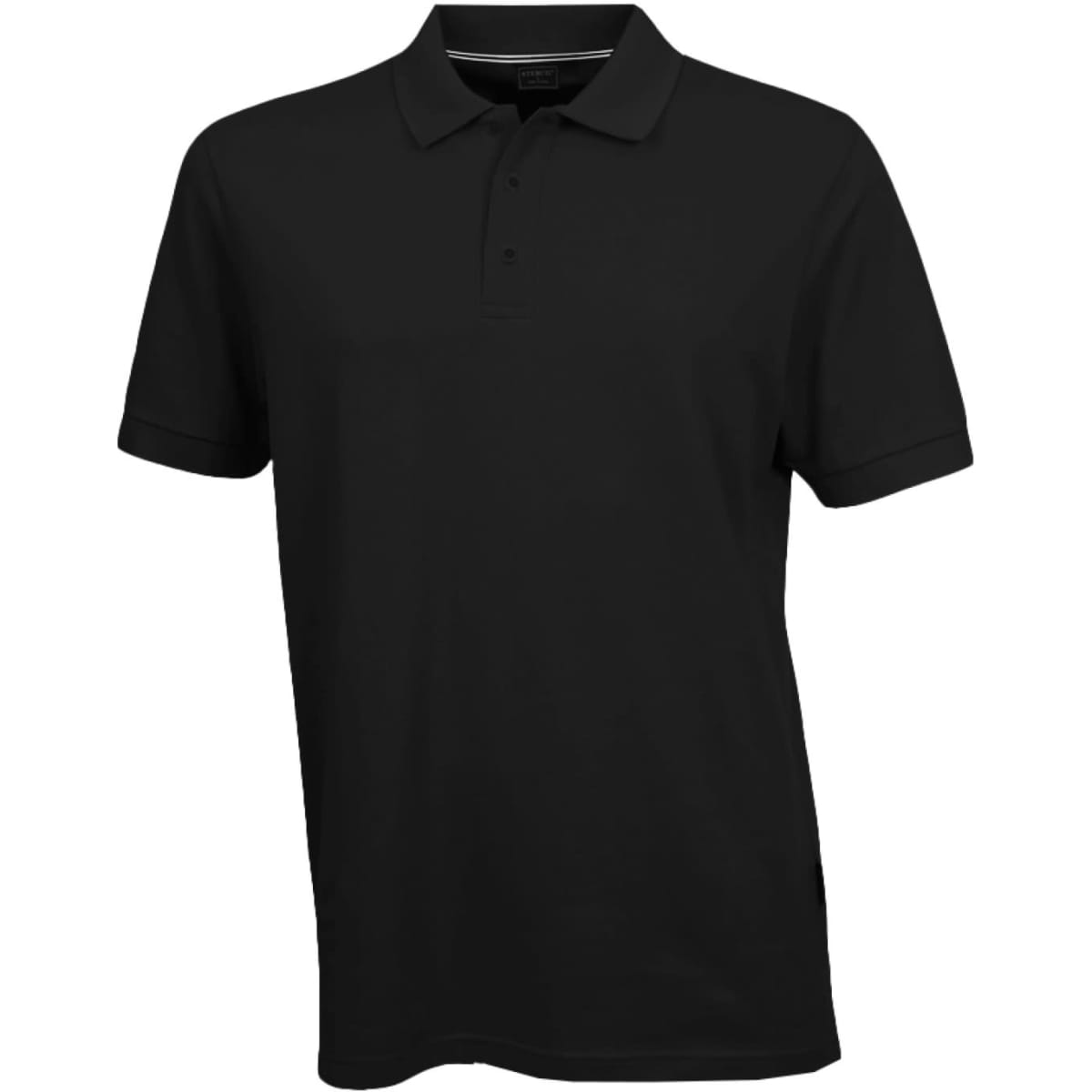A black polo shirt with a collar and short sleeves, featuring a logo.