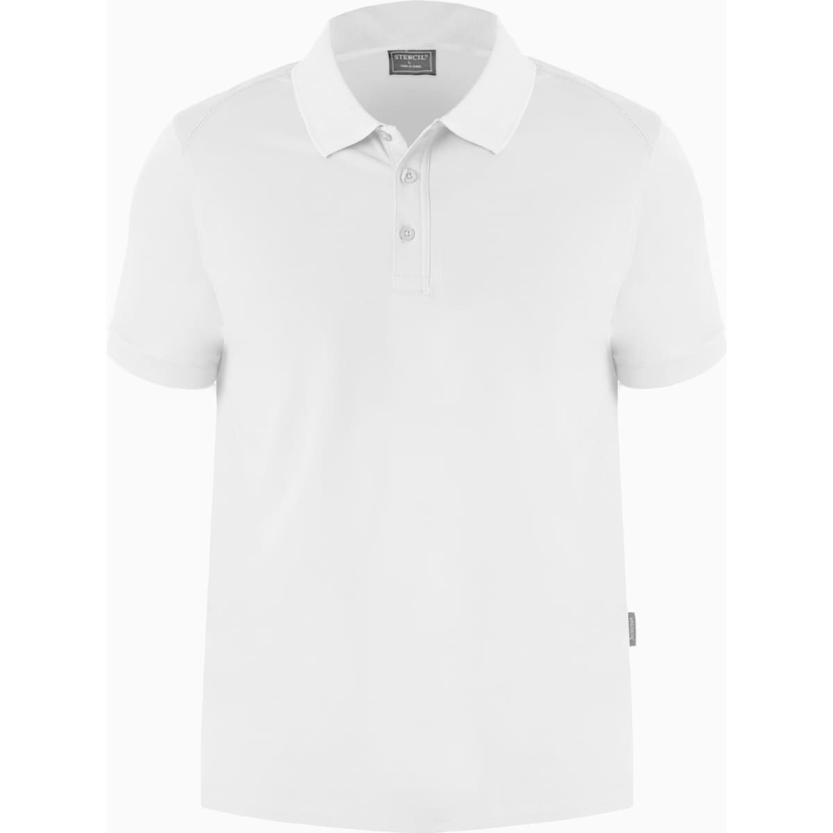 A white men's polo shirt with a collar and a logo on the chest.