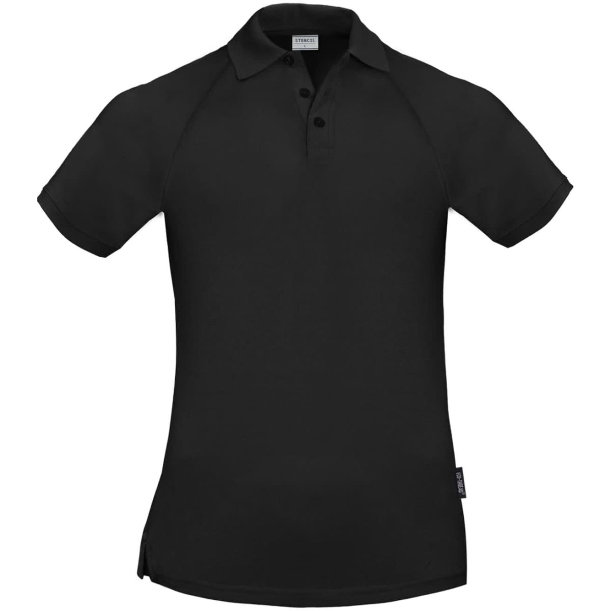 A black polo shirt with a collar and short sleeves, featuring a logo on the side.