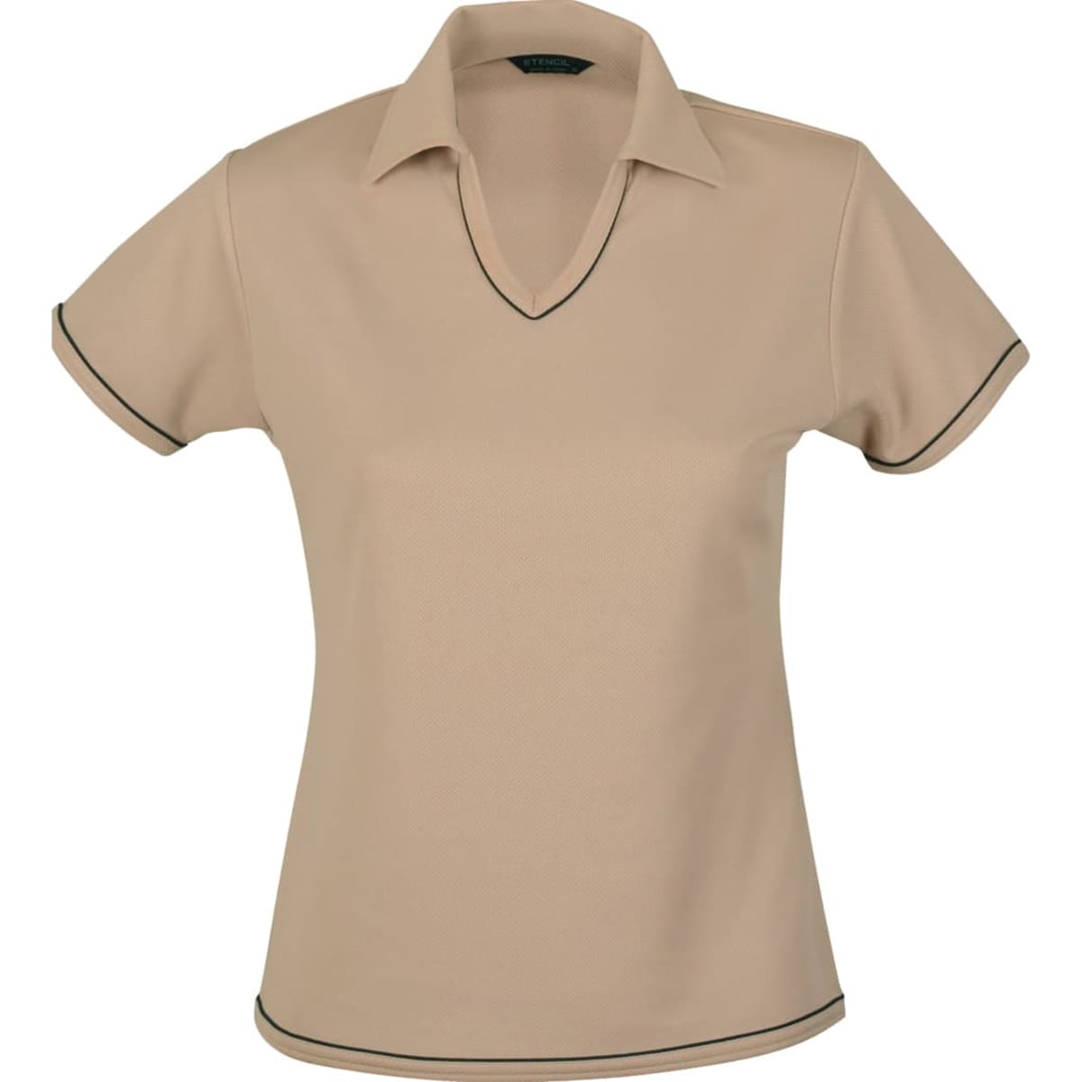 A ladies' polo shirt in tan with contrasting dark trim and a V-neck design. It features a logo on the chest.
