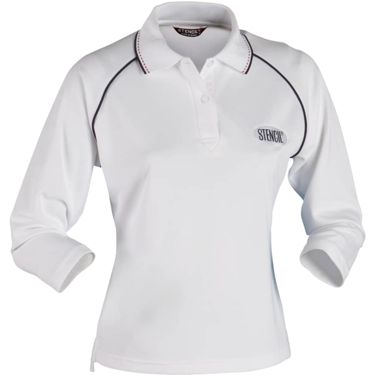 A white long-sleeve polo shirt for ladies with contrasting trim and a logo on the chest.