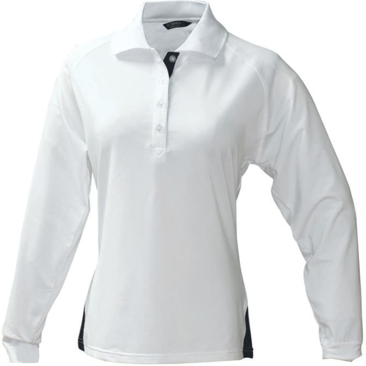 A long-sleeved ladies' polo shirt in white with a dark side panel and a collar, featuring a logo.