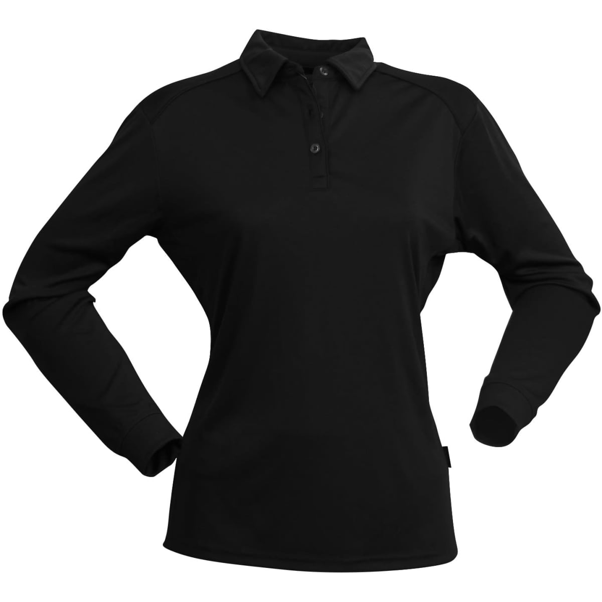 A black long-sleeved polo shirt for ladies with a classic collar and a logo.