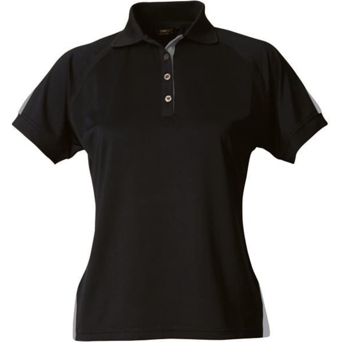 A black ladies' polo shirt with a collar and buttons, featuring a logo.