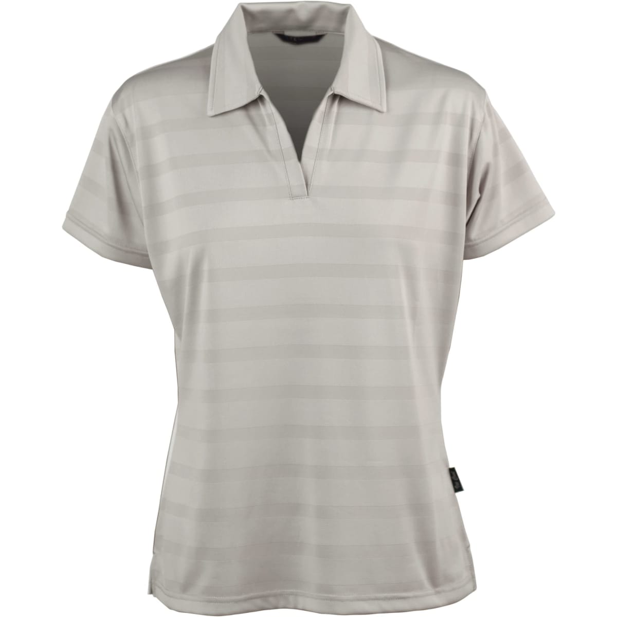 A light grey ladies' polo shirt featuring a striped design and a classic collar. It includes a branding label.
