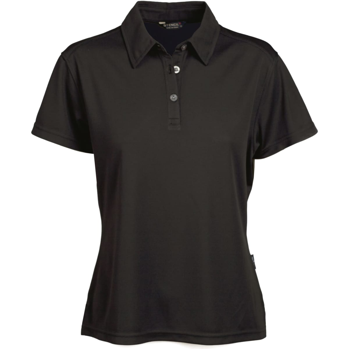 A black ladies' polo shirt featuring a collar and a button placket, with a branding logo.