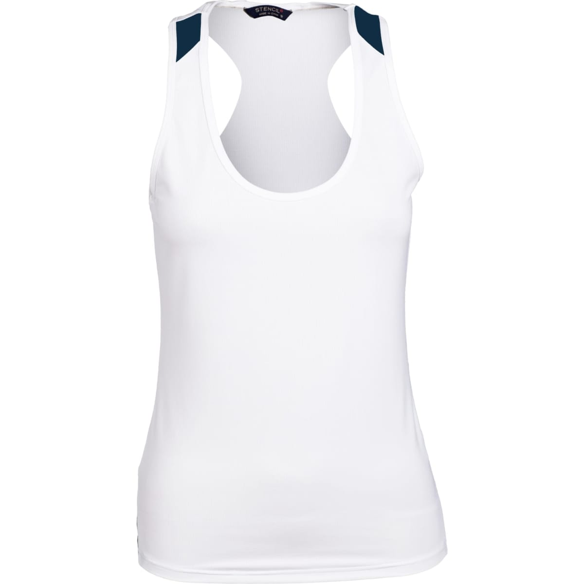 A ladies' sports singlet in white with navy shoulder accents and a branding logo on the neckline.