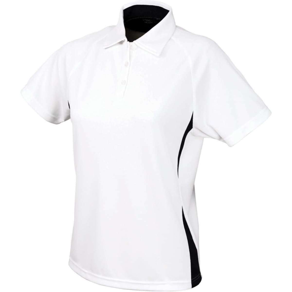 A ladies' polo shirt featuring a white body with black side panels and a collar. It has a logo on the front.