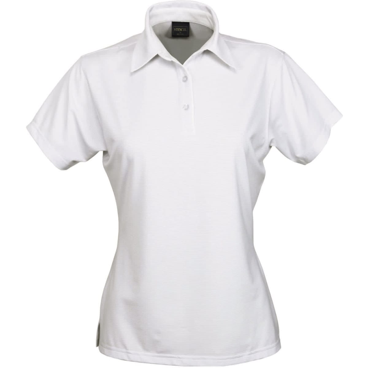 A white polo shirt for ladies with a collared neckline and short sleeves, featuring a logo on the side.