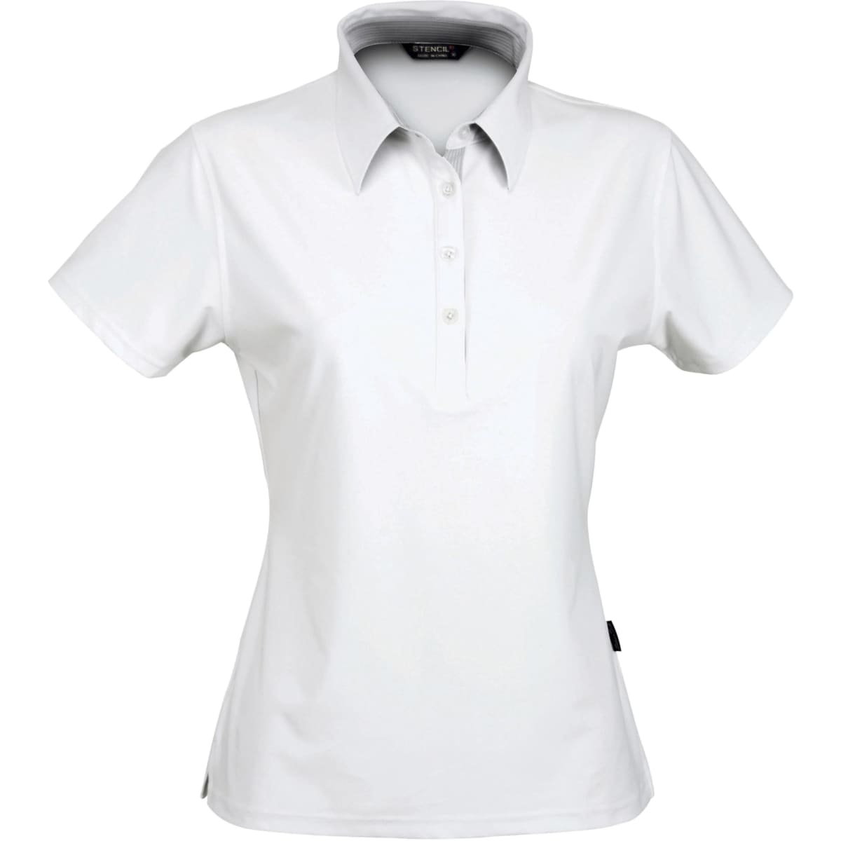 A white women's polo shirt featuring a collar, short sleeves, and a logo on the front.
