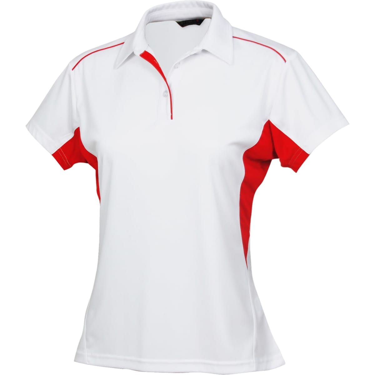A white polo shirt with red accents, featuring a collar and buttons, and a logo on the chest.