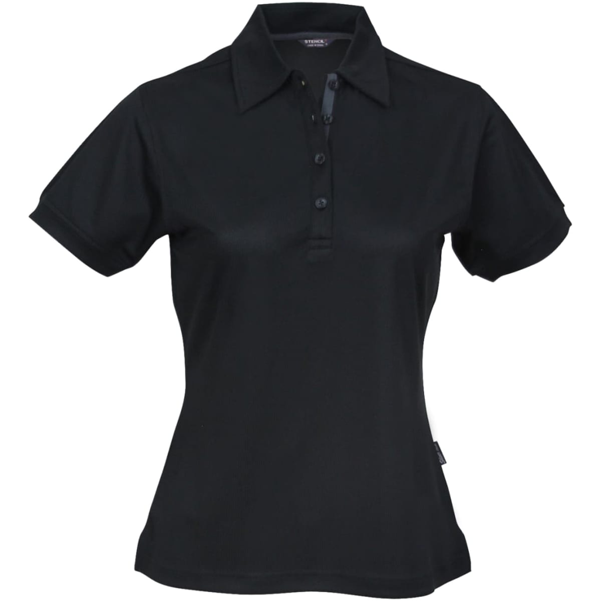 A black ladies' polo shirt with short sleeves and a collar, featuring a button-up front and a logo.
