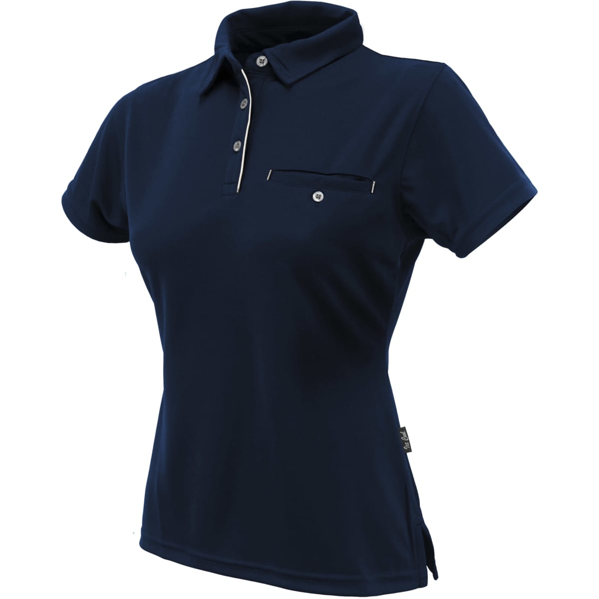 A navy blue polo shirt for ladies featuring a collar and a small chest pocket, with a logo on the side.