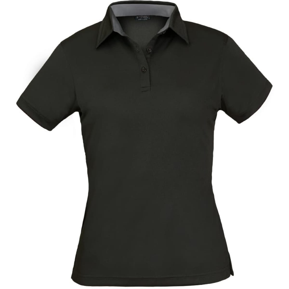 A dark green ladies' polo shirt with a collared neck and button placket, featuring a logo on the chest.
