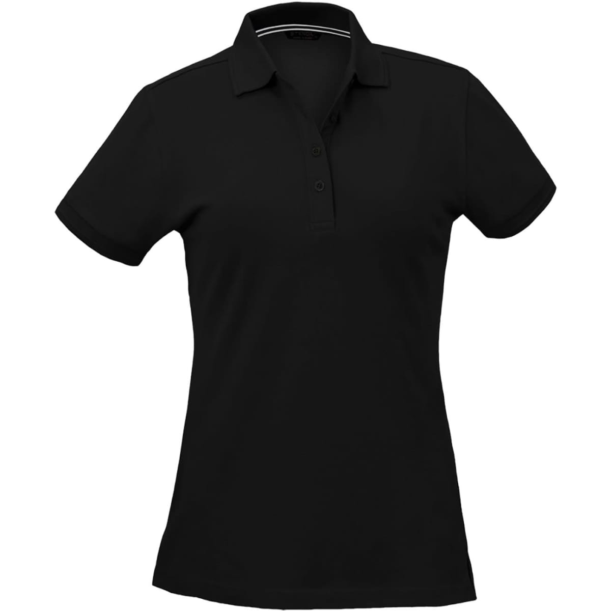 A black polo shirt for ladies featuring a collar and buttons, with a logo on the chest.