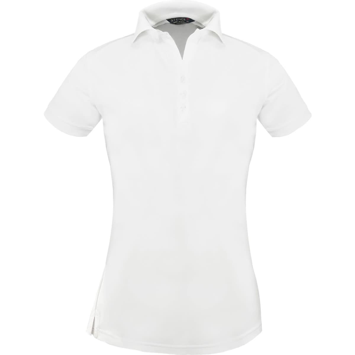 A white ladies' polo shirt with a collar and short sleeves, featuring a logo on the chest.