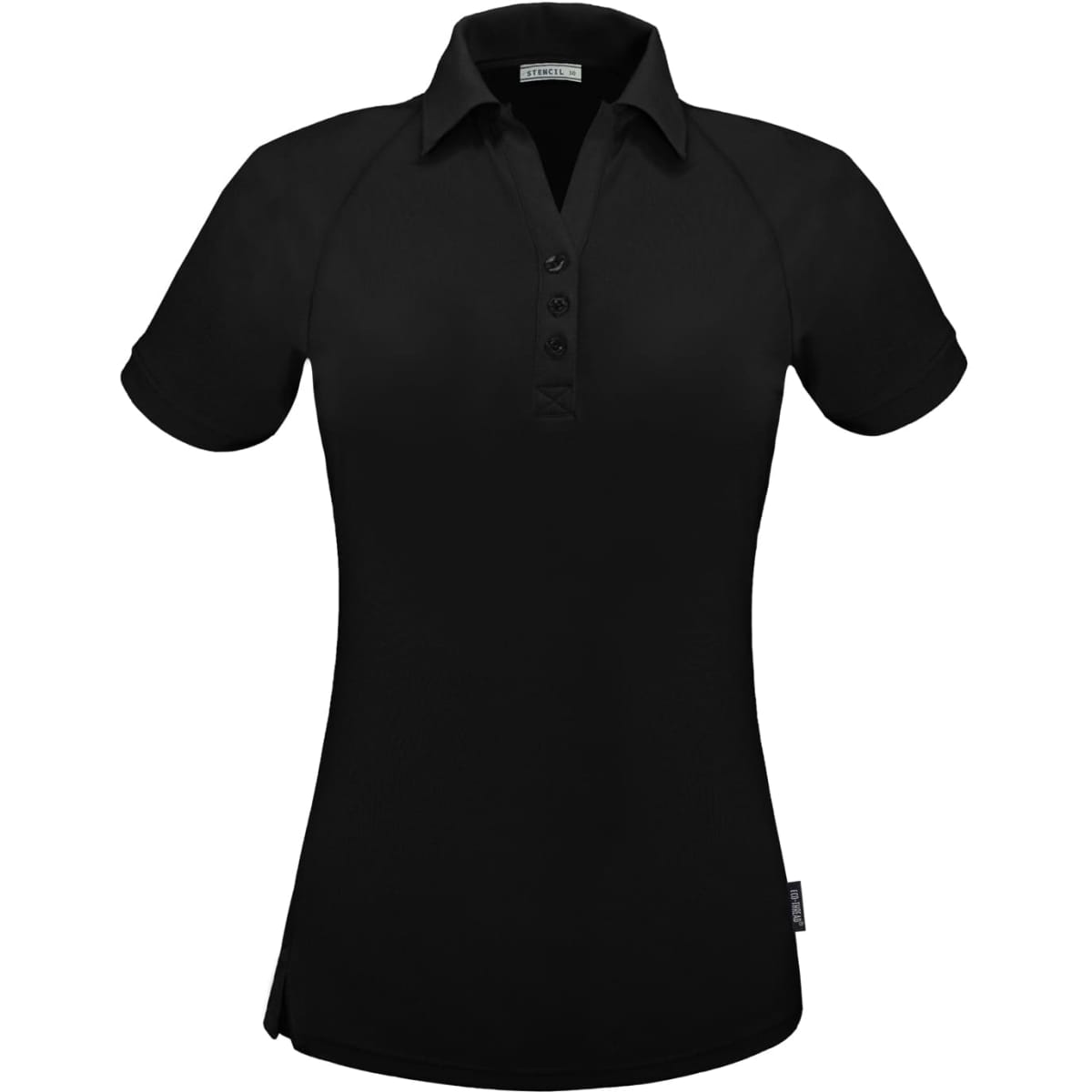 A black polo shirt featuring a collar, short sleeves, and a button-up front. The shirt has a logo on the side.